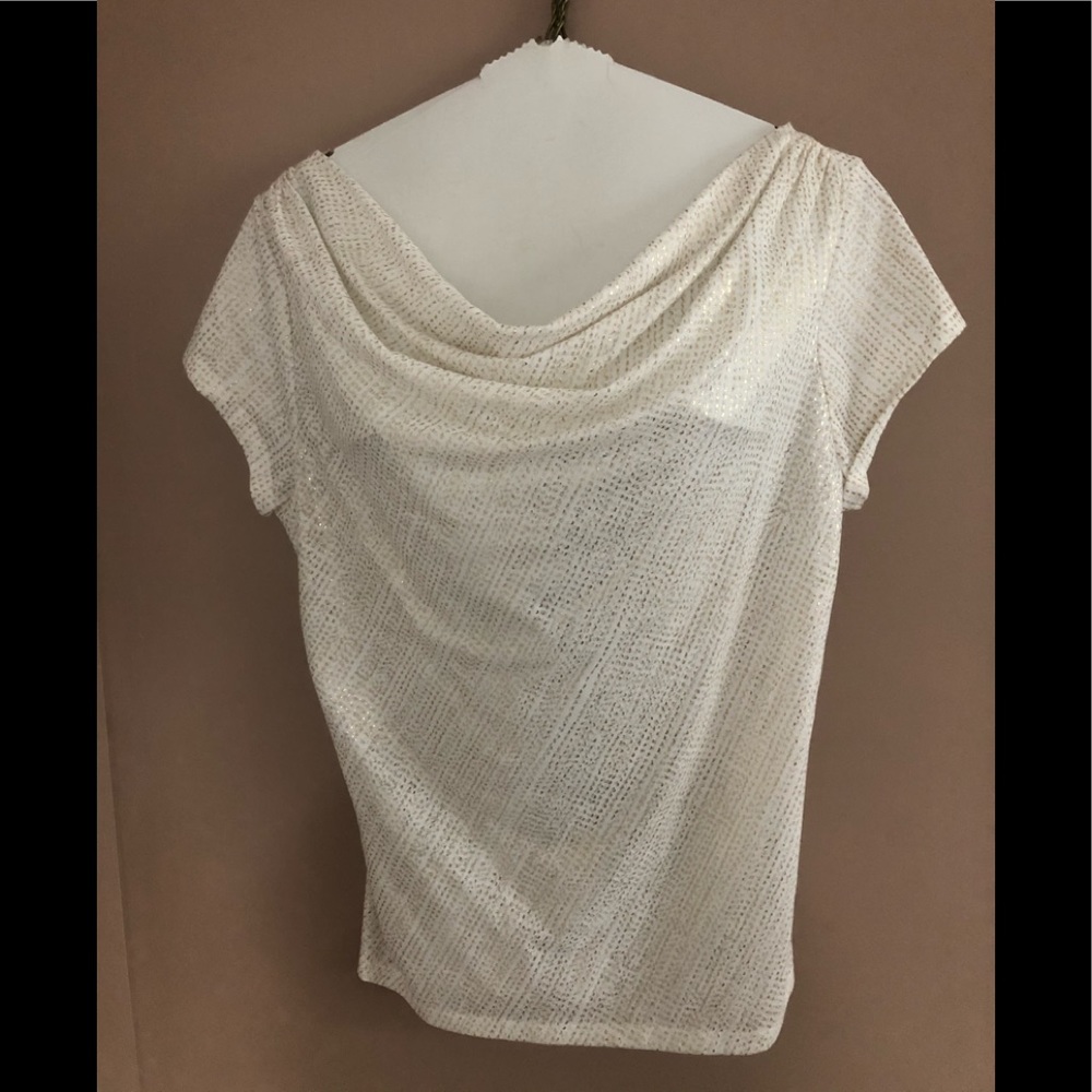 Tahari white/gold drape neck top